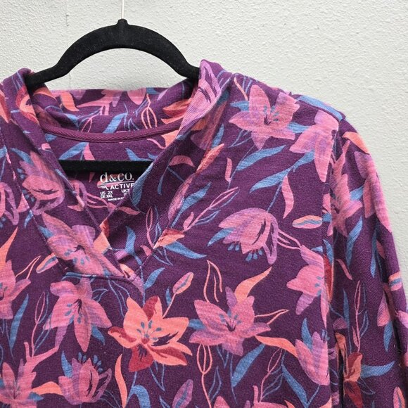 D&Co Active Shirt Womens 2X Purple Floral Hooded Long Sleeve Tunic Top - Picture 2 of 10